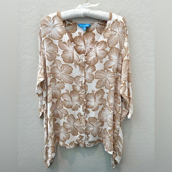 BLUE GINGER | Tan White Hawaiian Floral Lightweight 3/4 Sleeve Top | Medium - Picture 1 of 7